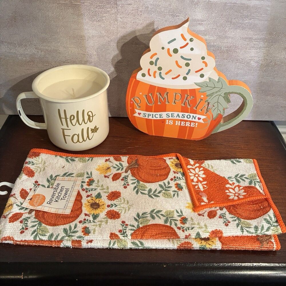 Fall Set Wooden Pumpkin W/ Saying, Candle In Mug HELLO FALL, Kitchen Towel. New